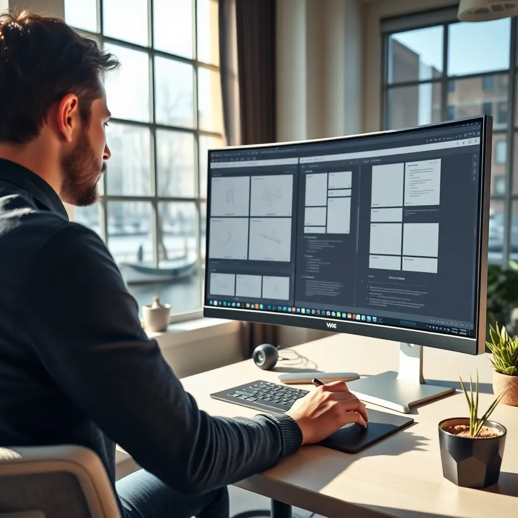 Ontwerper werkt aan WordPress website wireframes op computer